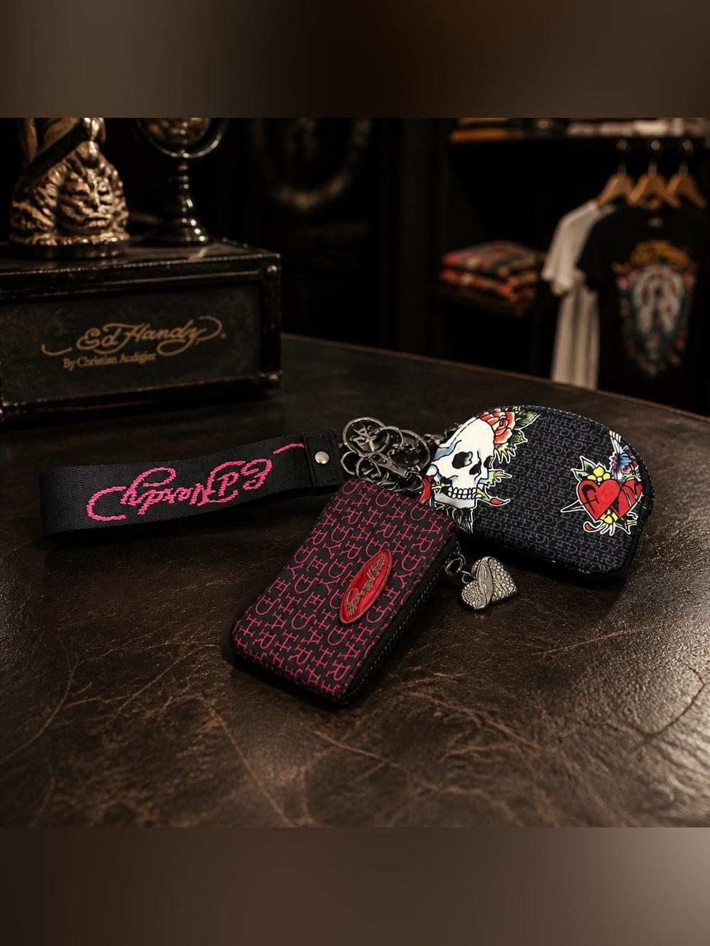 Ed Hardy Black Pink Skull Wallet Wristlet with Charms
